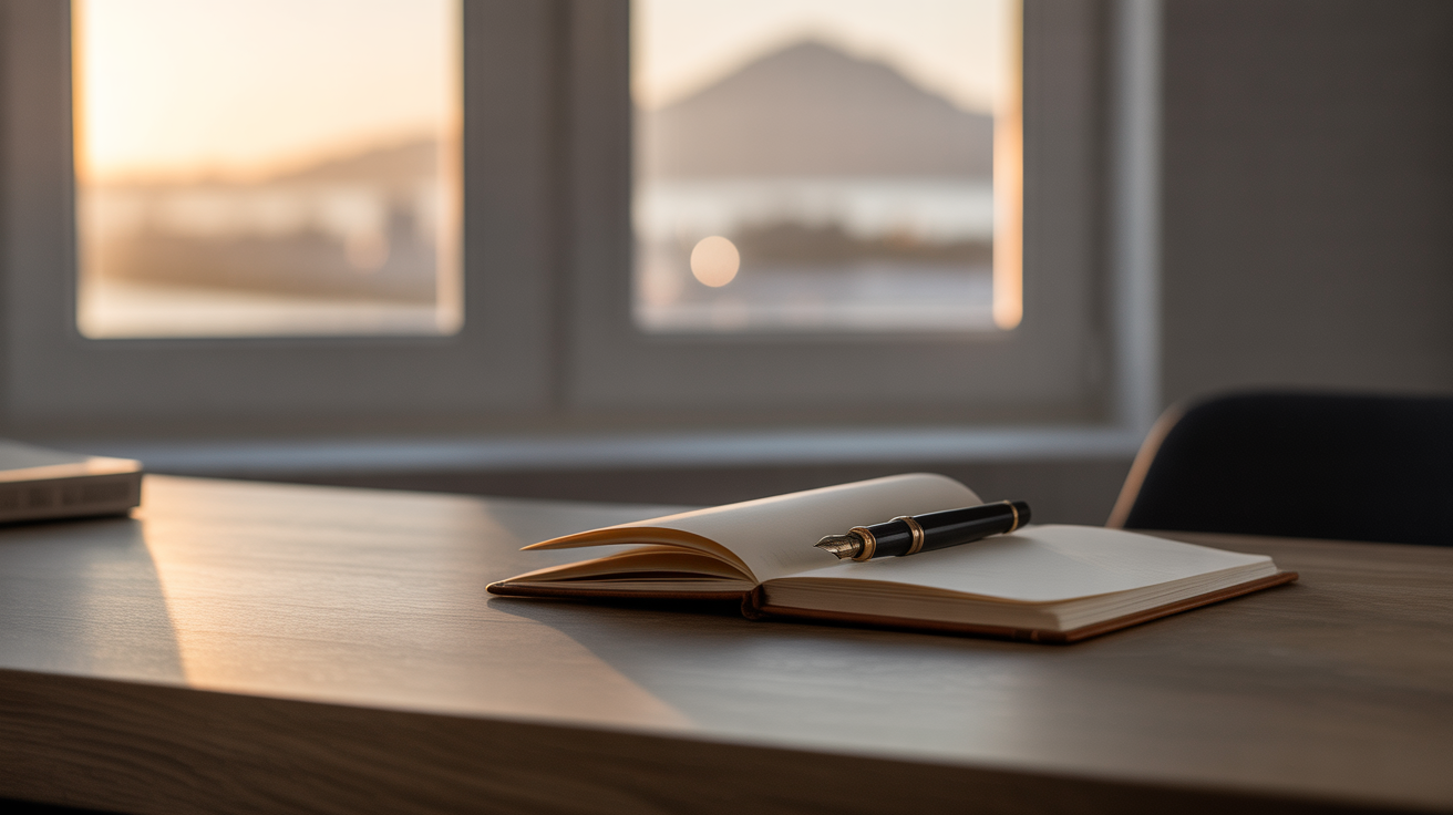Open notebook with a pen on a wooden desk by a window with a sunset view.